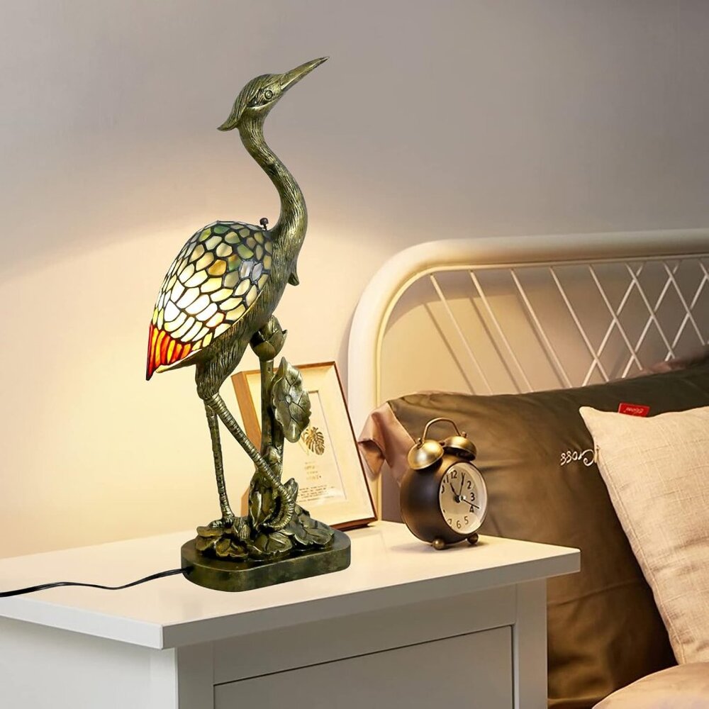 Tiffany Style Lamp Blue Stained Glass Crane Bird Style Table Lamp Color Changing